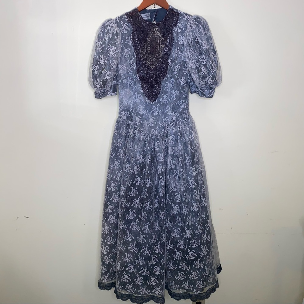 Vintage Clint McClintock Size 6 Elegant Navy Lacey Dress w/ Peplum/Shoulder Pads